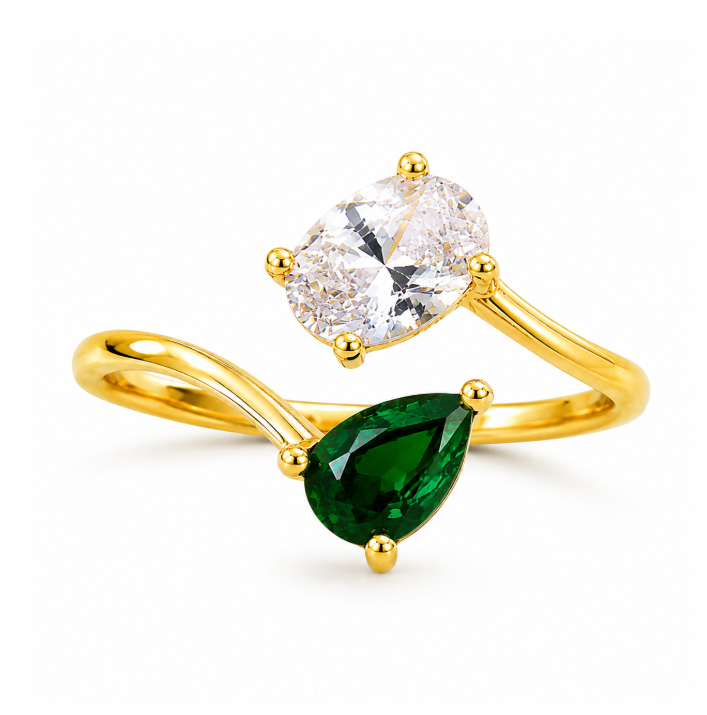 Gold Emerald Green & Clear Toi Et Moi Ring – Adjustable Open Wrap Ring