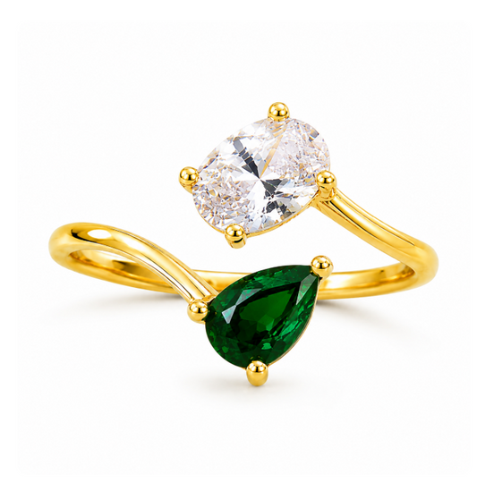 Gold Emerald Green & Clear Toi Et Moi Ring – Adjustable Open Wrap Ring