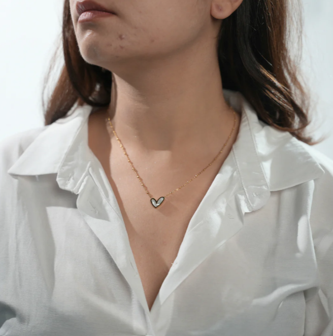 Gold Heart Necklace with Opal Inlay – Dainty Iridescent Pendant