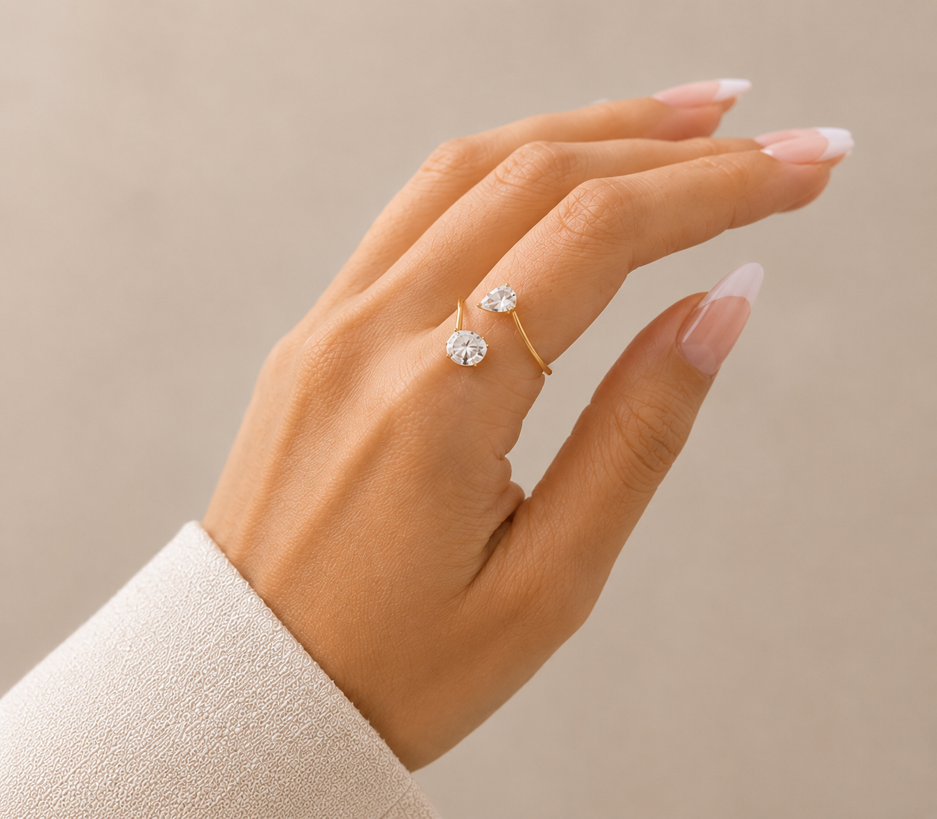 Gold Open Wrap Ring with Pear Cut Stones – Adjustable Toi Et Moi Ring