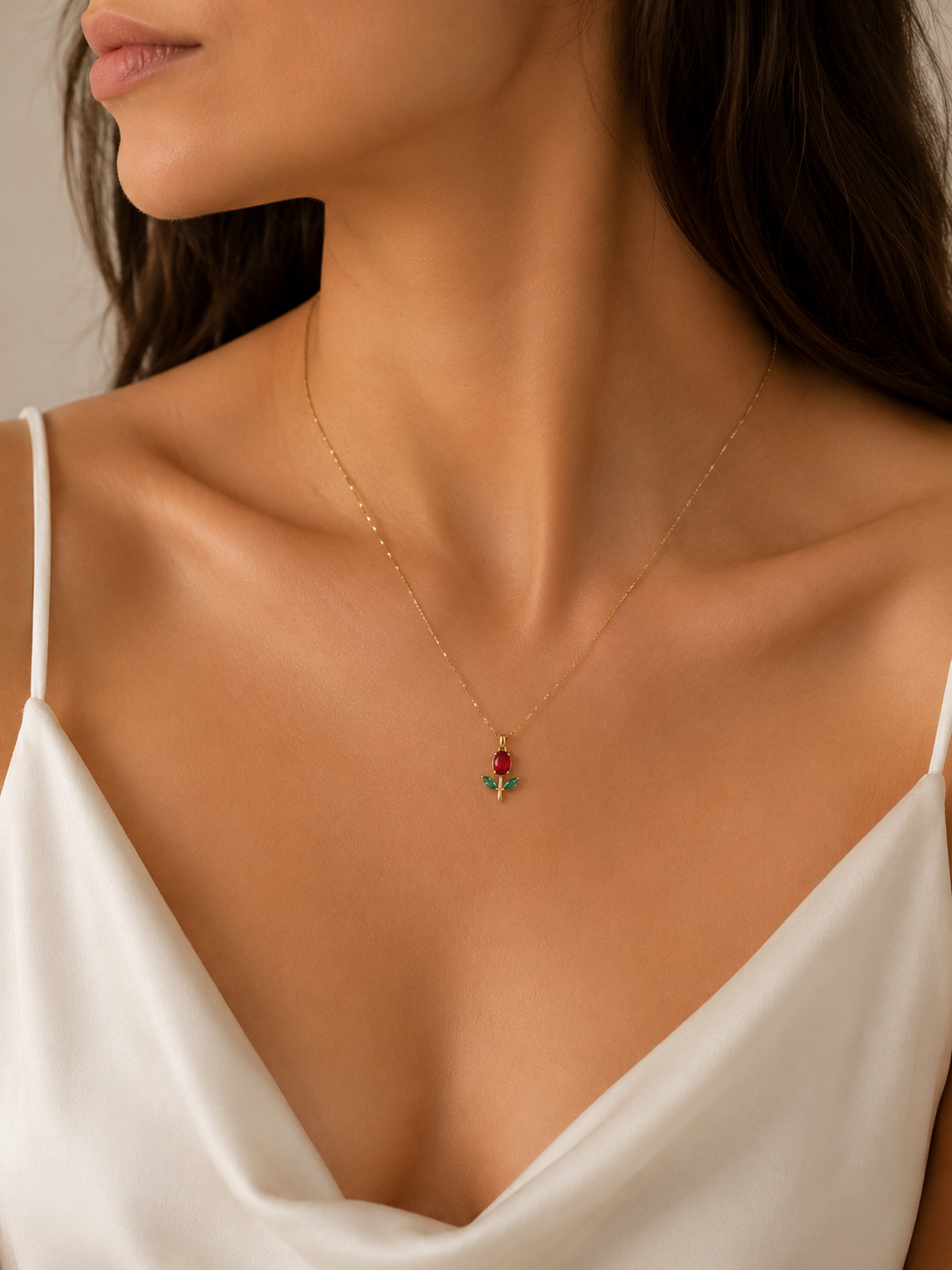 Gold Rose Flower Pendant Necklace – Red & Green Stone Tulip Necklace