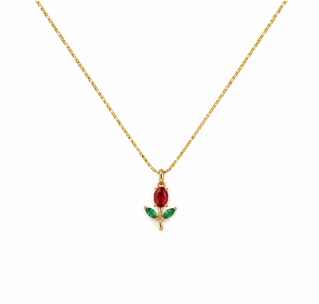 Gold Rose Flower Pendant Necklace – Red & Green Stone Tulip Necklace