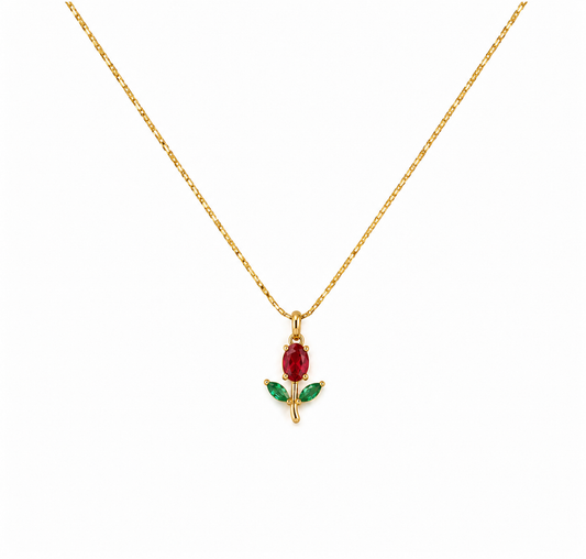 Gold Rose Flower Pendant Necklace – Red & Green Stone Tulip Necklace