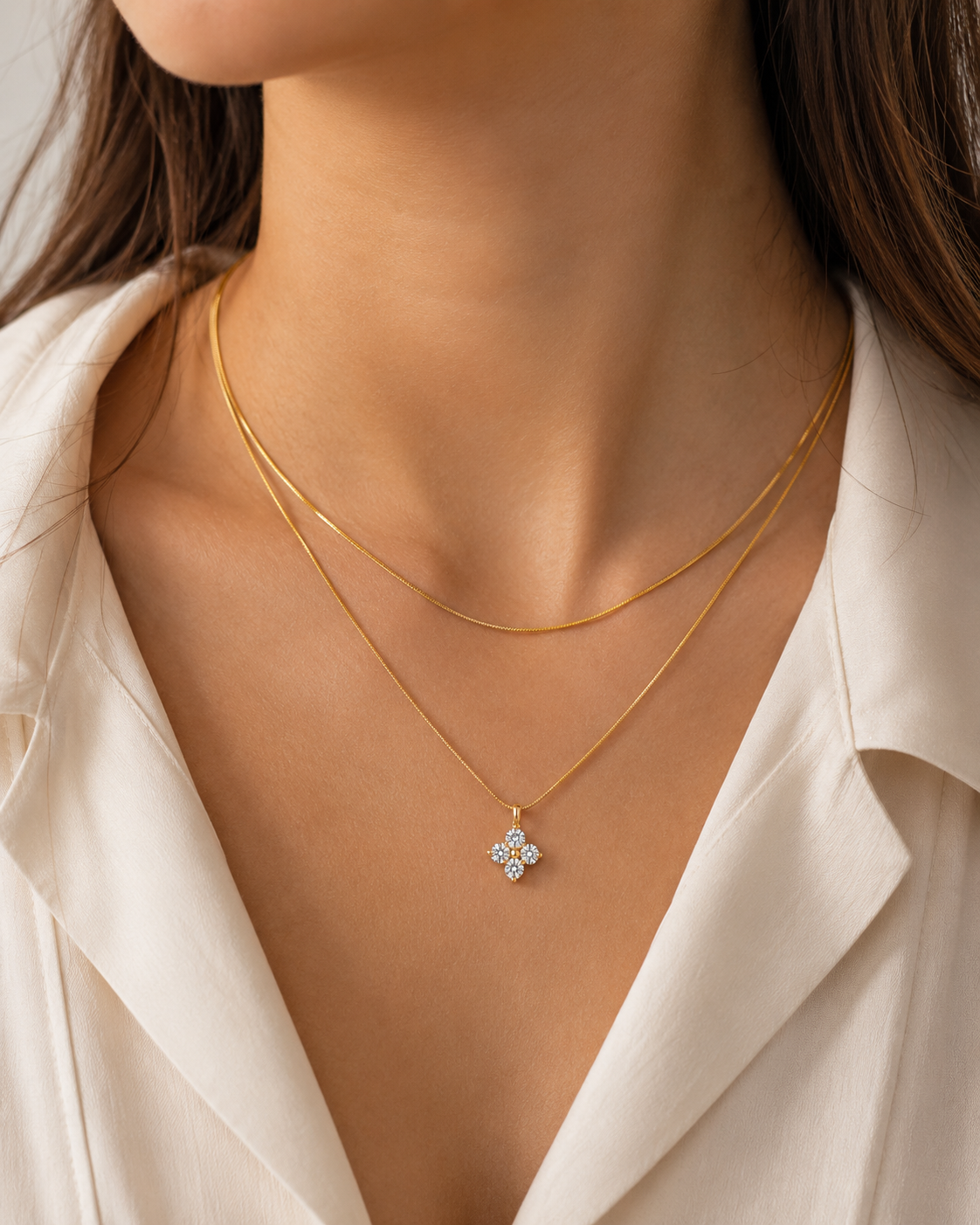 Gold Layered Necklace with Flower Pendant – Dainty Clover Crystal Necklace