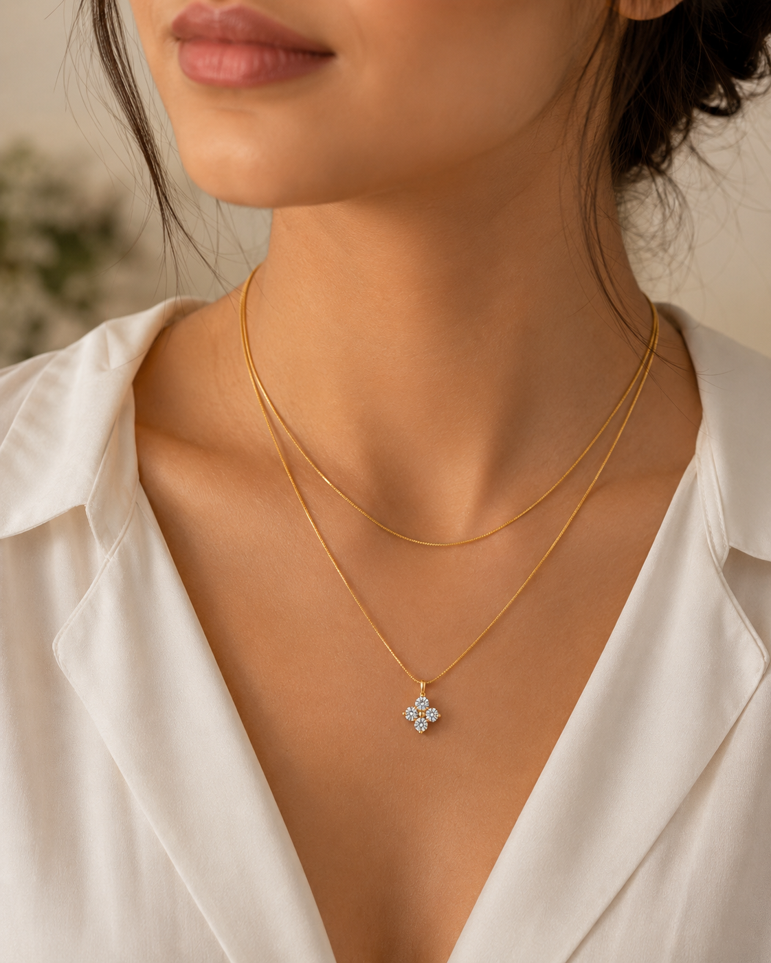 Gold Layered Necklace with Flower Pendant – Dainty Clover Crystal Necklace