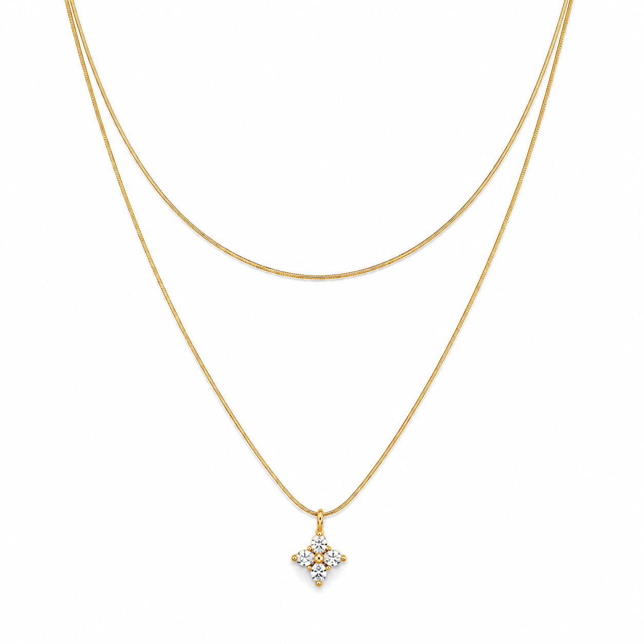 Gold Layered Necklace with Flower Pendant – Dainty Clover Crystal Necklace