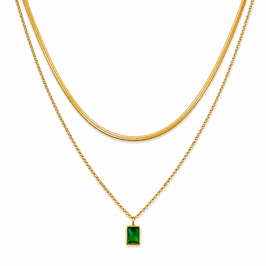 Gold Layered Necklace Set – Elegant Snake Chain with Green Gem Pendant