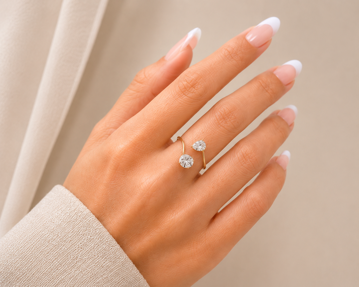 Gold Open Wrap Ring with Pear Cut Stones – Adjustable Toi Et Moi Ring