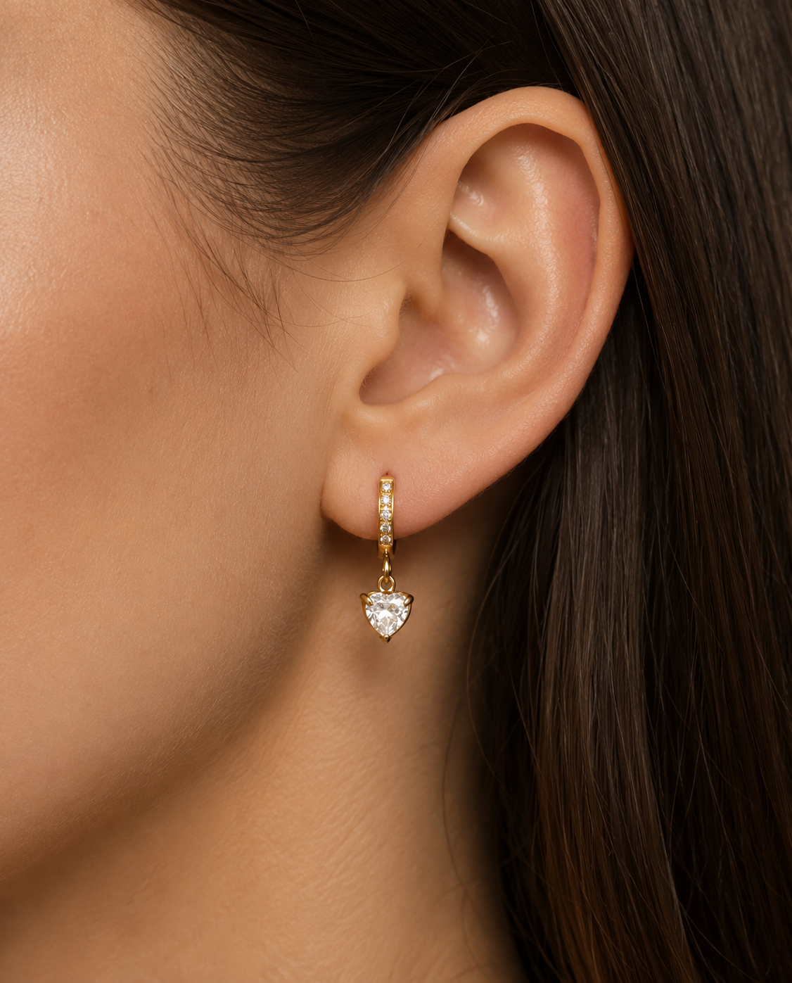 Gold Huggie Hoop Earrings with Heart Drop – Dainty Heart Dangle Earrings