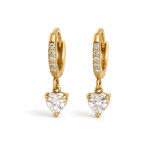 Gold Huggie Hoop Earrings with Heart Drop – Dainty Heart Dangle Earrings