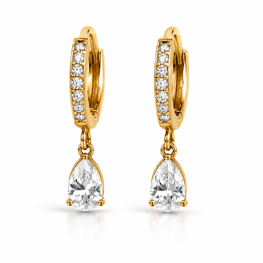 Gold Huggie Hoop Earrings with Teardrop Drop – Dainty Pear Dangle Earrings