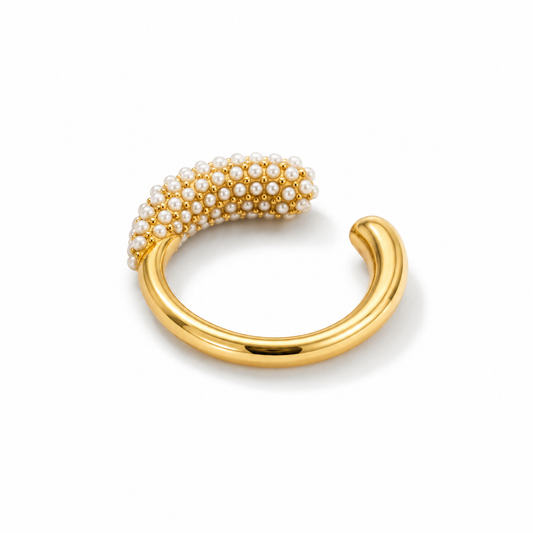 Gold Pearl Open Ring – Adjustable Dome Wrap Ring with Tiny Pearls