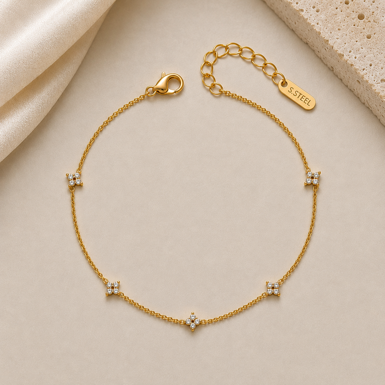 Gold Flower Station Bracelet – Dainty Crystal Clover Chain Bracelet