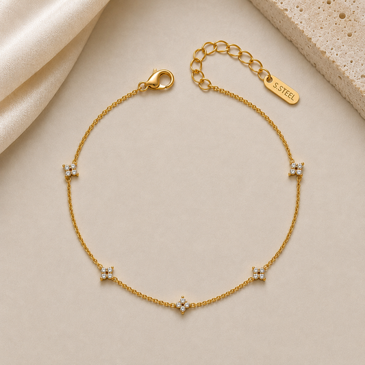 Gold Flower Station Bracelet – Dainty Crystal Clover Chain Bracelet