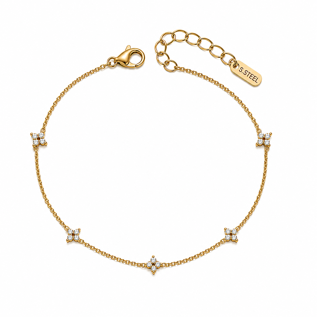 Gold Flower Station Bracelet – Dainty Crystal Clover Chain Bracelet