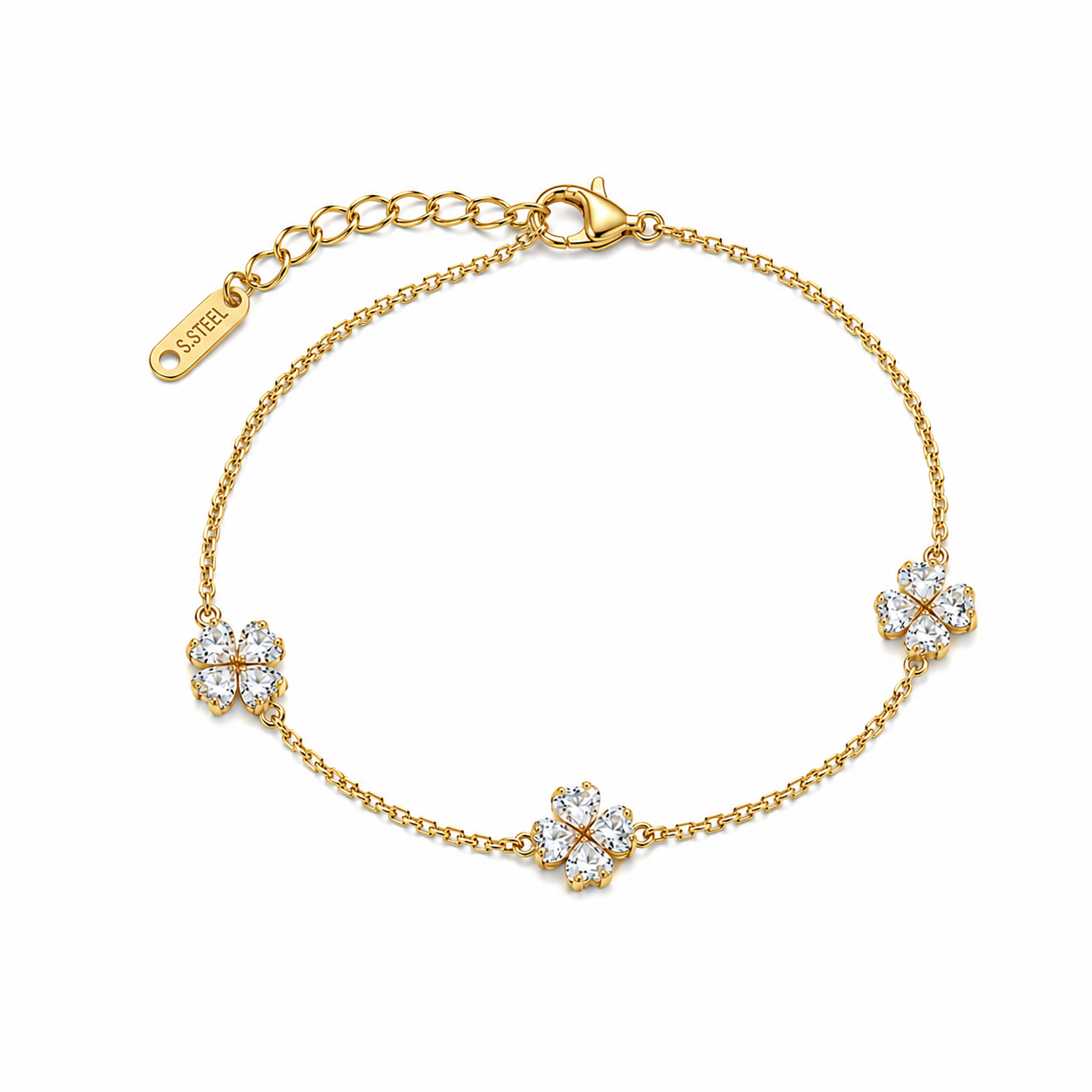 Gold Flower Station Bracelet – Dainty Crystal Clover Chain Bracelet