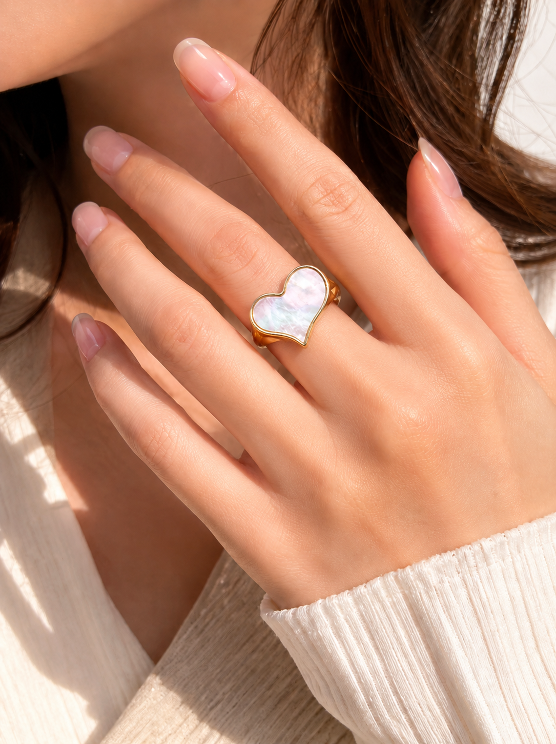 Mother of Pearl Heart Gold Ring | Stainless Steel Anti-Tarnish Adjustable