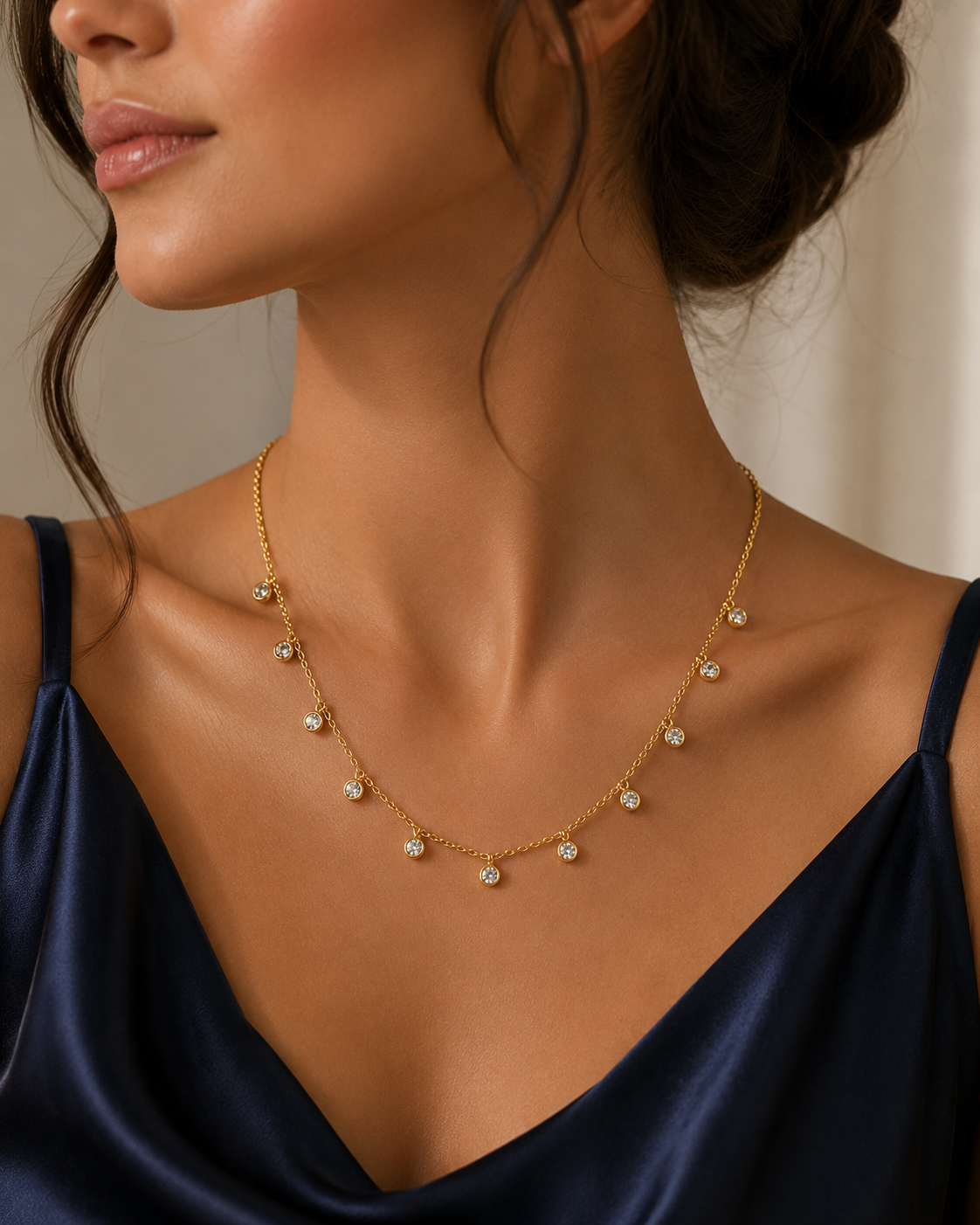 Dainty Gold Charm Necklace with Crystal Drops | Minimal Everyday Necklace