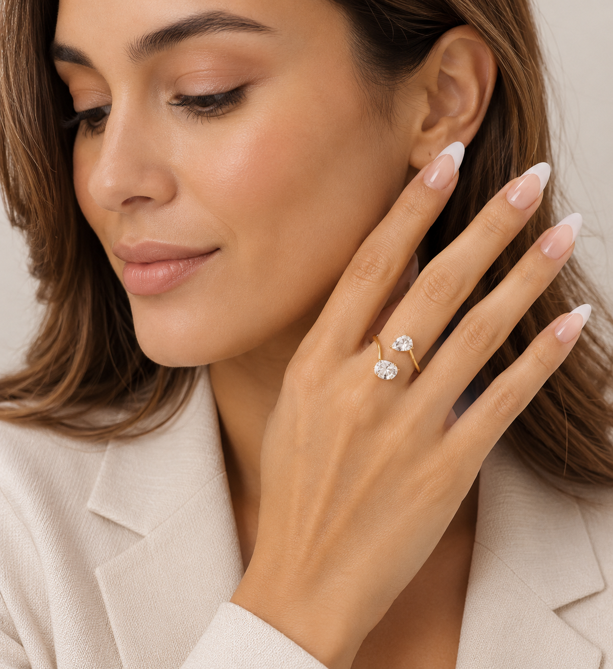 Gold Open Wrap Ring with Pear Cut Stones – Adjustable Toi Et Moi Ring