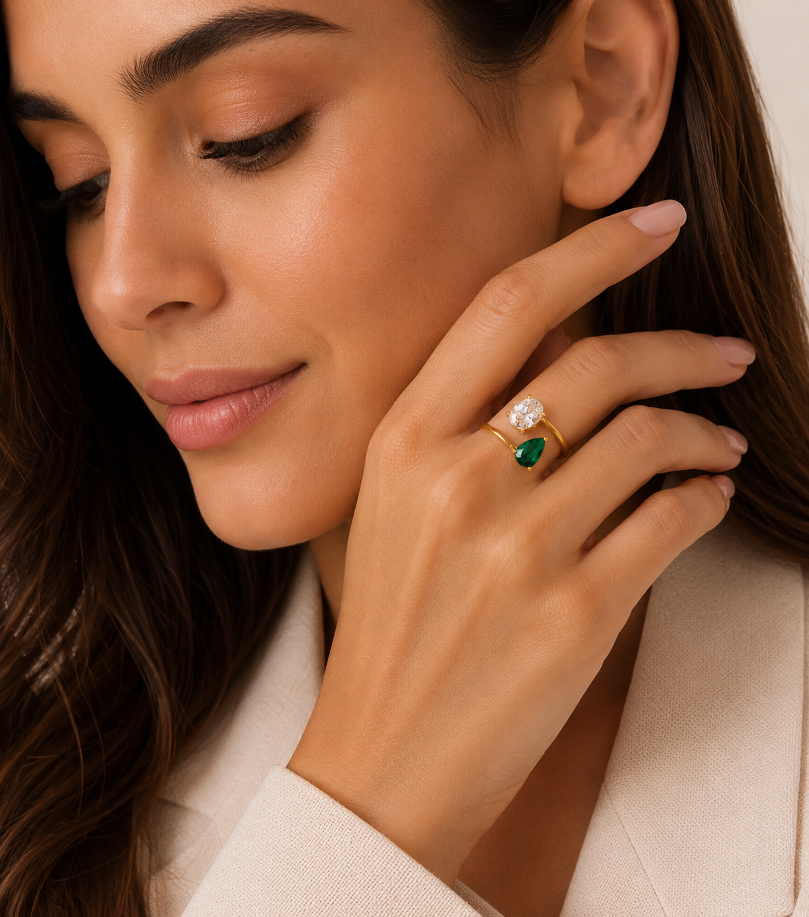 Gold Emerald Green & Clear Toi Et Moi Ring – Adjustable Open Wrap Ring
