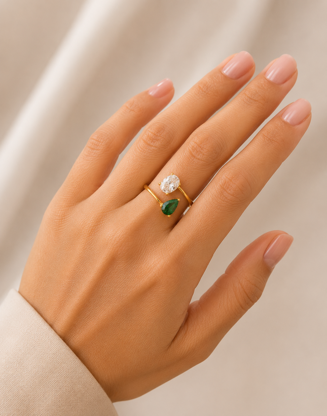 Gold Emerald Green & Clear Toi Et Moi Ring – Adjustable Open Wrap Ring