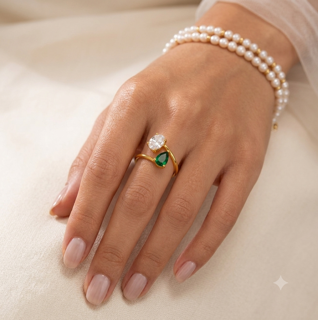 Gold Emerald Green & Clear Toi Et Moi Ring – Adjustable Open Wrap Ring