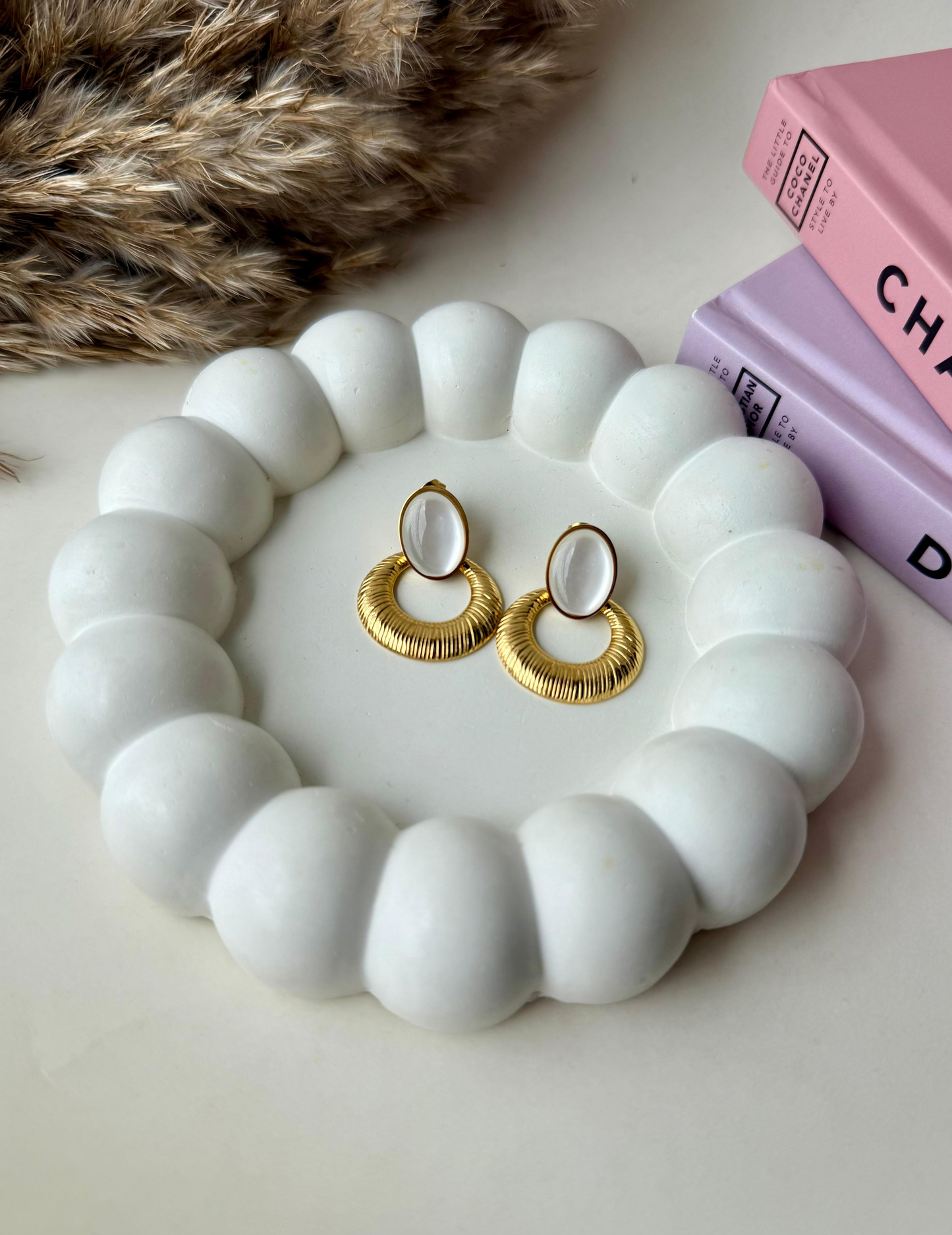 Gold Textured Drop Earrings with Mother of Pearl | Stainless Steel Anti-Tarnish Statement Jewelry