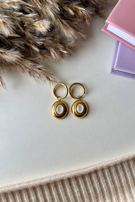 Oval Drop Hoop Earrings | Stainless Steel Anti-Tarnish 18K Gold Plated with Mother of Pearl Accent