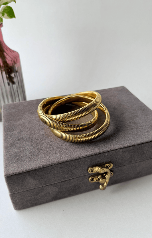 Chunky Coil Bangle Set | Stainless Steel Anti-Tarnish Gold Plated Flexible Bracelets