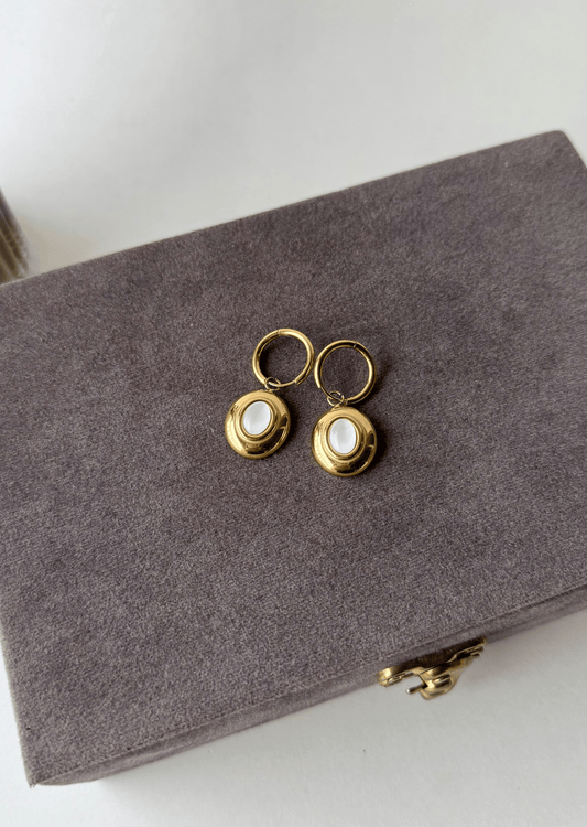 Oval Drop Hoop Earrings | Stainless Steel Anti-Tarnish 18K Gold Plated with Mother of Pearl Accent