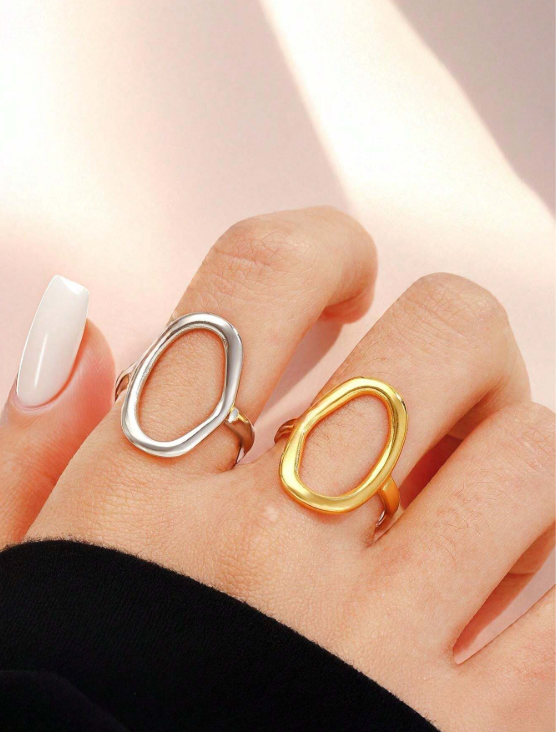 Abstract Open Oval Gold Ring – Stainless Steel Anti-Tarnish Adjustable Statement Ring