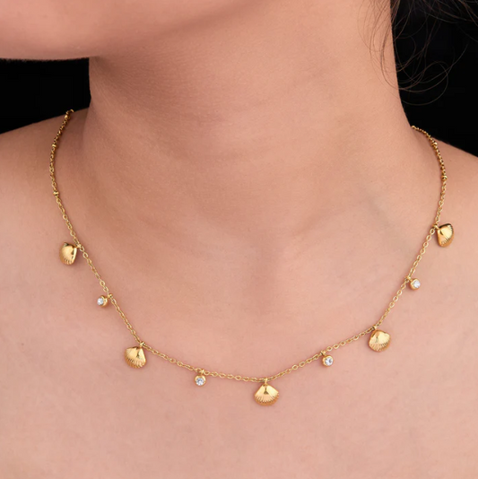 Gold Seashell & Crystal Charm Necklace | Stainless Steel Anti-Tarnish Layered Chain Jewelry