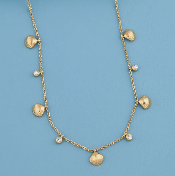 Gold Seashell & Crystal Charm Necklace | Stainless Steel Anti-Tarnish Layered Chain Jewelry