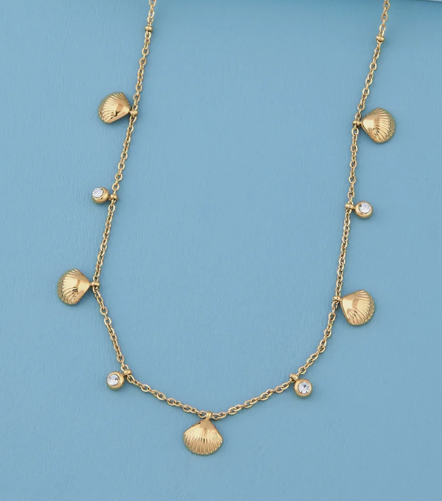Gold Seashell & Crystal Charm Necklace | Stainless Steel Anti-Tarnish Layered Chain Jewelry