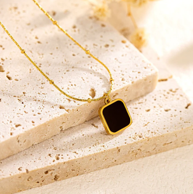 Gold Geometric Black Pendant Necklace | Stainless Steel Anti-Tarnish Minimalist Chain Jewelry
