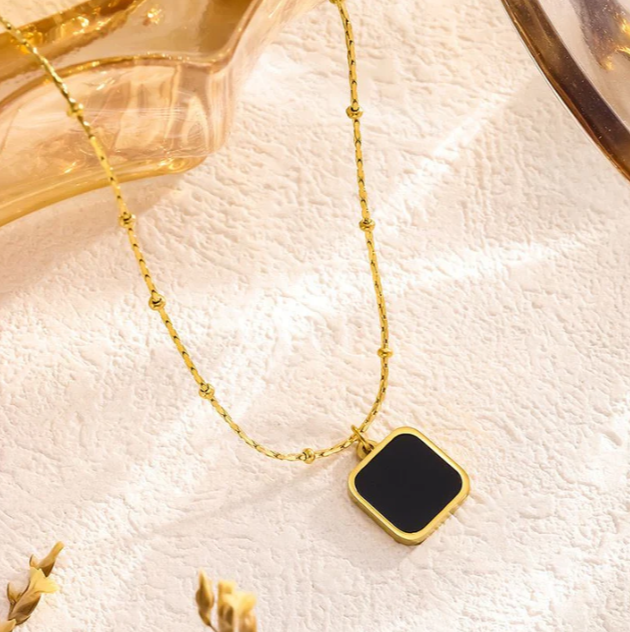 Gold Geometric Black Pendant Necklace | Stainless Steel Anti-Tarnish Minimalist Chain Jewelry