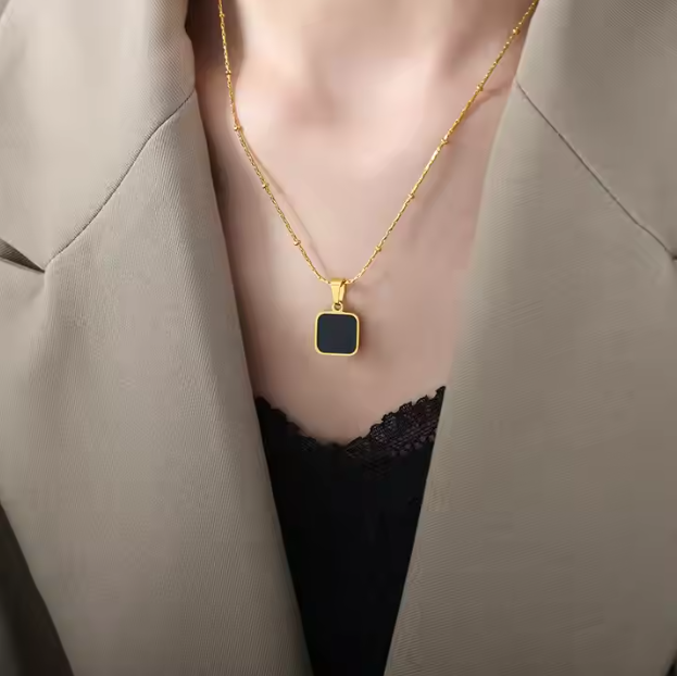 Gold Geometric Black Pendant Necklace | Stainless Steel Anti-Tarnish Minimalist Chain Jewelry