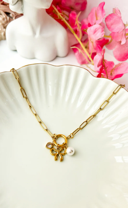 Gold Butterfly Charm Necklace with Pearl & Crystal | Stainless Steel Anti-Tarnish Chain Jewelry