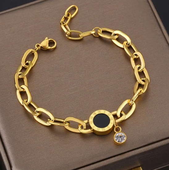 Gold Chain Bracelet with Black Enamel & Crystal Charm | Stainless Steel Anti-Tarnish Adjustable Jewelry
