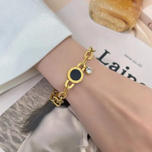 Gold Chain Bracelet with Black Enamel & Crystal Charm | Stainless Steel Anti-Tarnish Adjustable Jewelry