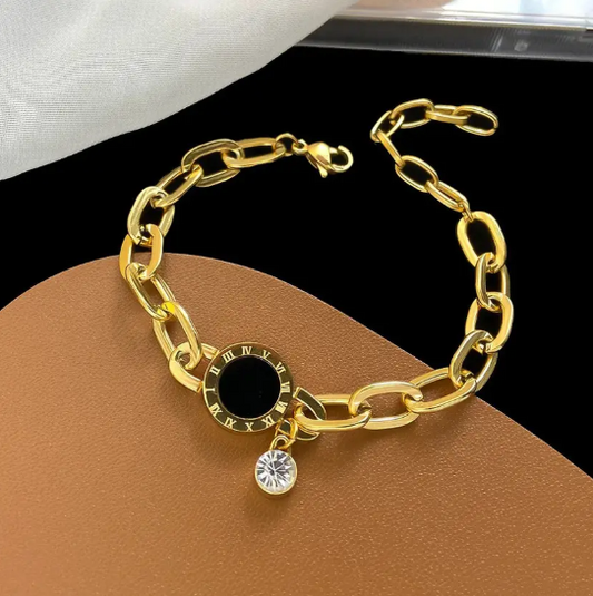 Gold Chain Bracelet with Black Enamel & Crystal Charm | Stainless Steel Anti-Tarnish Adjustable Jewelry