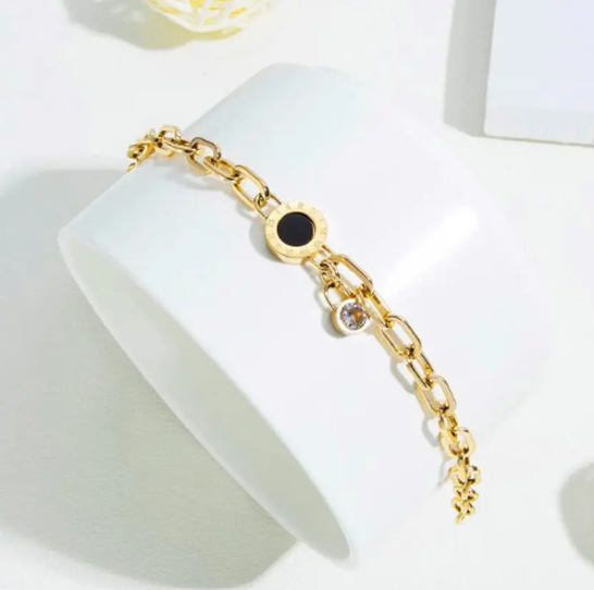 Gold Chain Bracelet with Black Enamel & Crystal Charm | Stainless Steel Anti-Tarnish Adjustable Jewelry