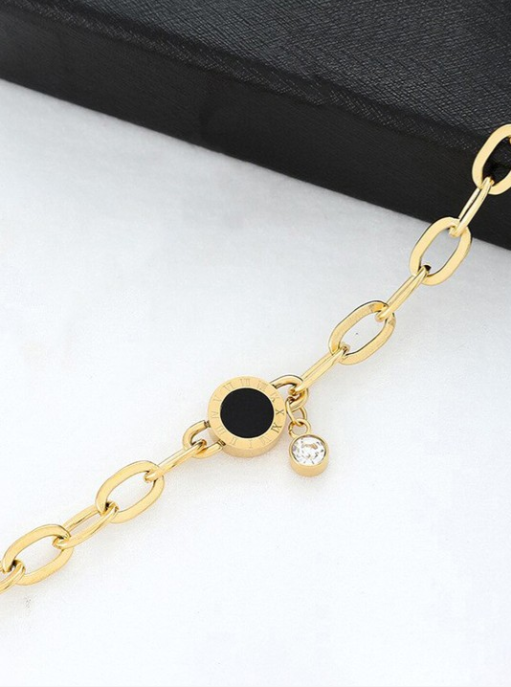 Gold Chain Bracelet with Black Enamel & Crystal Charm | Stainless Steel Anti-Tarnish Adjustable Jewelry