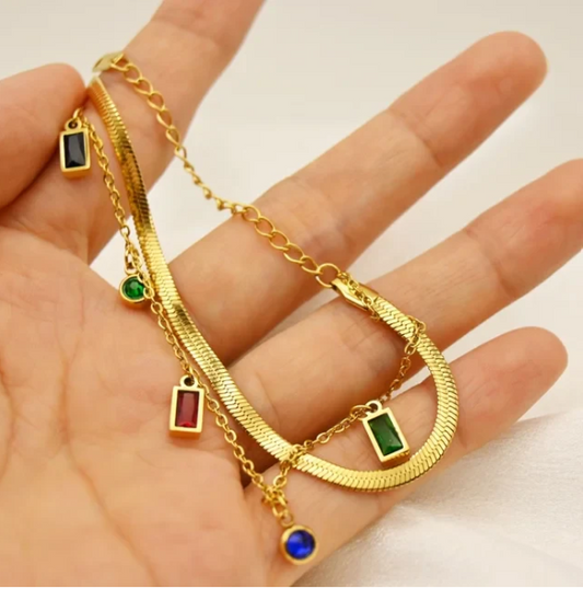 Gold Multi-Color Charm Bracelet | Stainless Steel Anti-Tarnish Double Layer Adjustable Jewelry