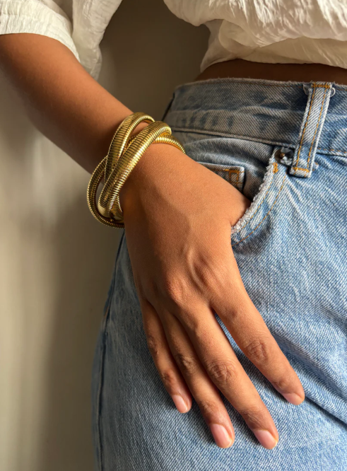 Chunky Coil Bangle Set | Stainless Steel Anti-Tarnish Gold Plated Flexible Bracelets