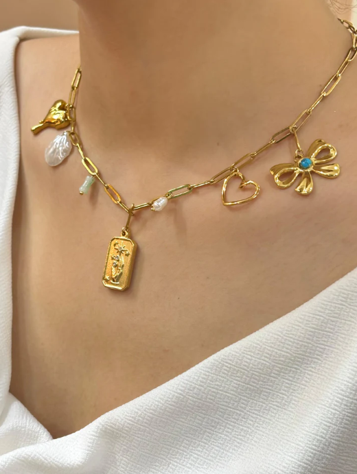 Gold-Plated Stainless Steel Charm Necklace – Anti-Tarnish Paperclip Chain with Heart, Bow & Pearl Accents