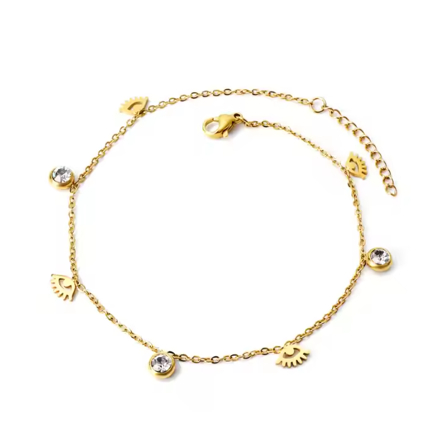 Gold-Plated Stainless Steel Evil Eye Charm Bracelet – Anti-Tarnish Dainty Eyelash & Crystal Chain Jewelry
