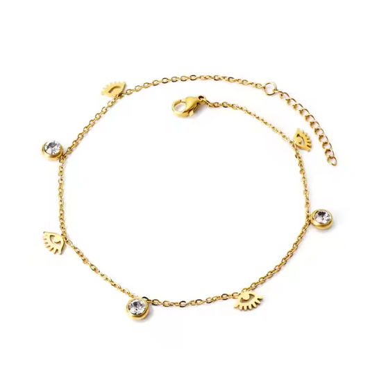Gold-Plated Stainless Steel Evil Eye Charm Bracelet – Anti-Tarnish Dainty Eyelash & Crystal Chain Jewelry