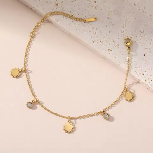 Gold-Plated Stainless Steel Sunburst Charm Bracelet – Anti-Tarnish Dainty Crystal Chain Jewelry