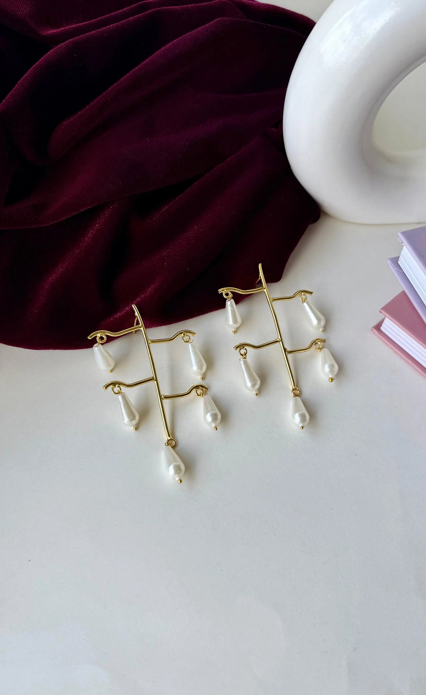 Modern Pearl Drop Earrings | Brass Anti-Tarnish Abstract Dangle Earrings | Minimal Statement Jewelry